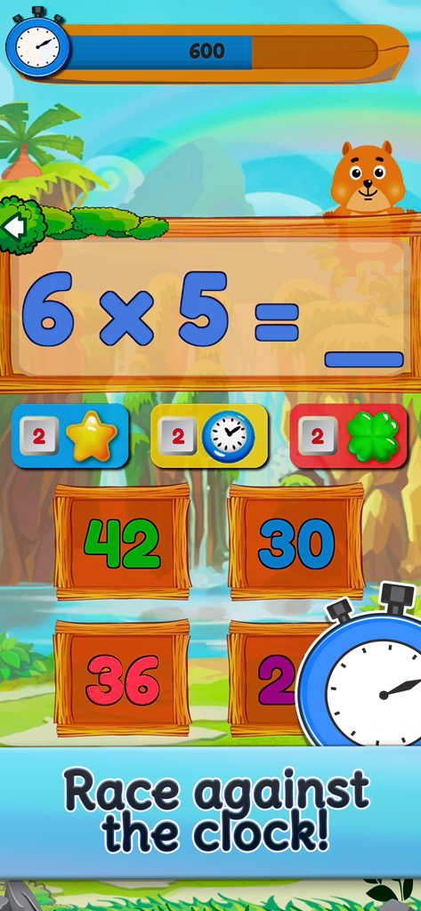 Multiplication challenge screen in Times Tables and Friends app where a child solves math problems against a timer
