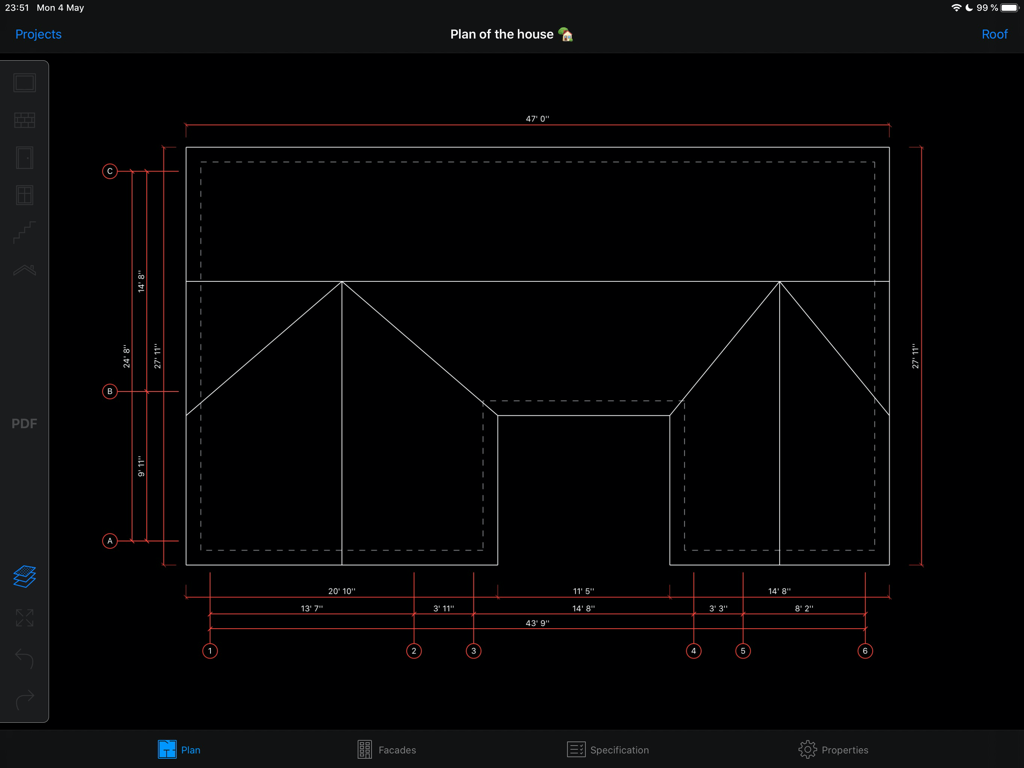 Plan d'étage de maison détaillé avec mesures dans l'application HomeCAD