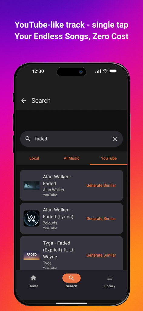 AI Music & Songs Maker - Soun app interface showing YouTube search results with a feature to generate similar AI music tracks