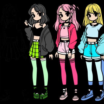 one girl with crop-top shirt and a jacket with a skirt, long socks and another girl with a shirt and pants with a jacket