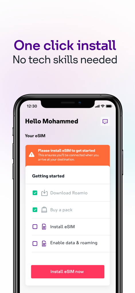 rova from stc - Rova App-Oberfläche, die einen Ein-Klick-eSIM-Installationsbildschirm mit einer Checkliste und einer Schaltfläche zur Handlungsaufforderung anzeigt.