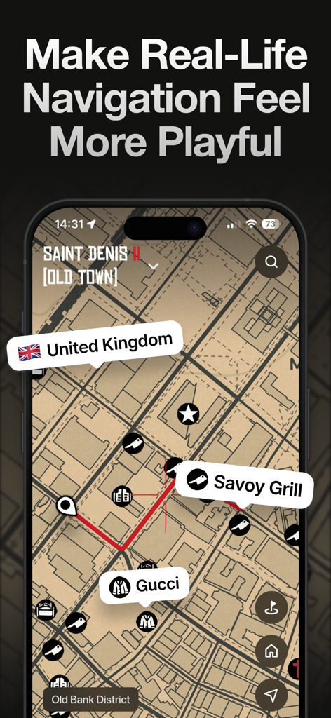 Game Maps IRL - Un smartphone mostrando una ubicación real en Londres reimaginada como un mapa de videojuego occidental vintage.