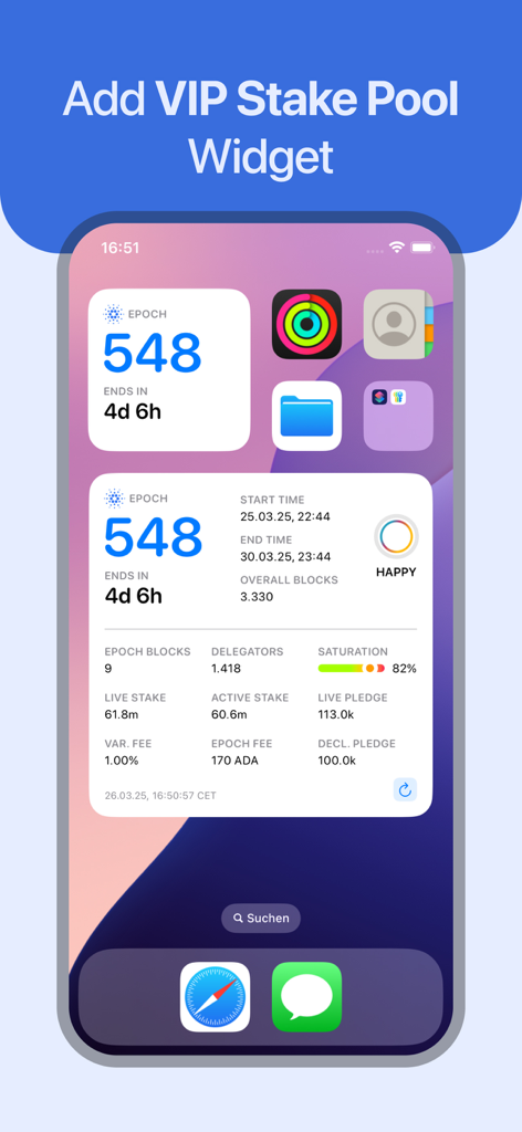 iPhone home screen displaying the ADAM Cardano VIP stake pool widget with real-time epoch and staking metrics