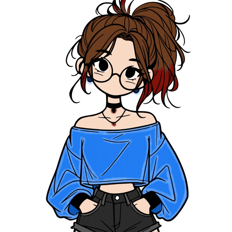girl with a messy ponytail glasses a baggy crop top and jean shorts