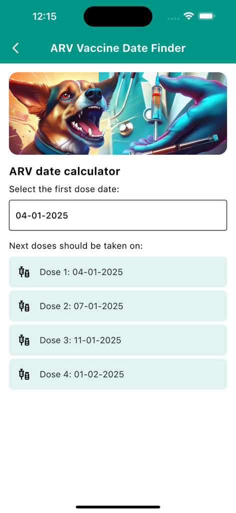 Plexus MBBS - Screen of the Plexus MBBS app showing the ARV vaccine date finder and calculator for dog bite treatments.