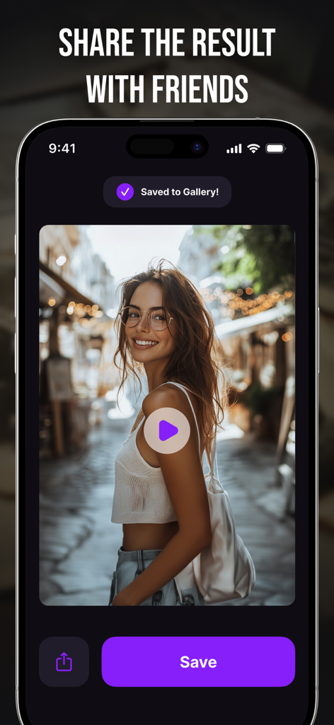 Live Photo: AI Image Generator - AI image generator app screen showing a saved photo of a smiling woman with options to share