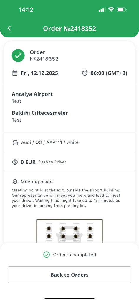 Kiwitaxi Driver - Kiwitaxi Driver app interface displaying details of a completed transfer order from Antalya Airport