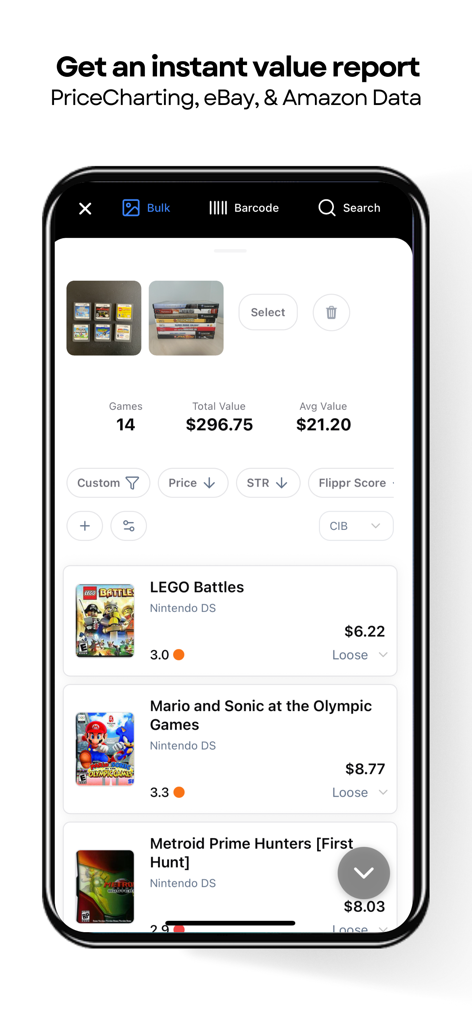 Flippr: Find, Sell, Earn - Flippr app interface displaying a market value report for a collection of video games including total value and individual prices.