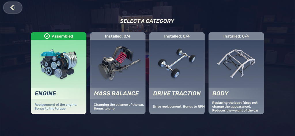 Drag Racing 3D: Streets 2 - Menu for selecting car tuning categories including engine and body parts in a garage