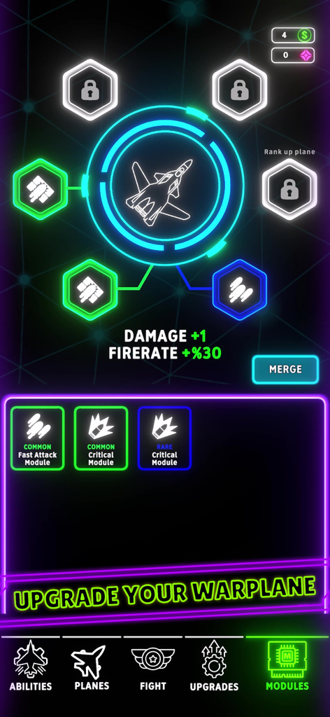 Neon Wings - Neon Wings game screen showing warplane upgrades and modules