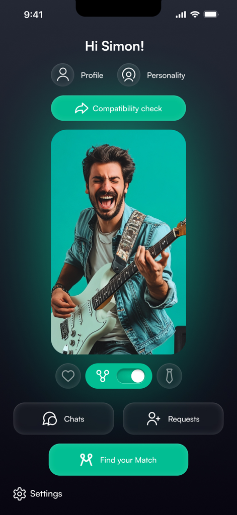 User profile screen on the Matchful dating app showing a compatibility check button and finding a match.