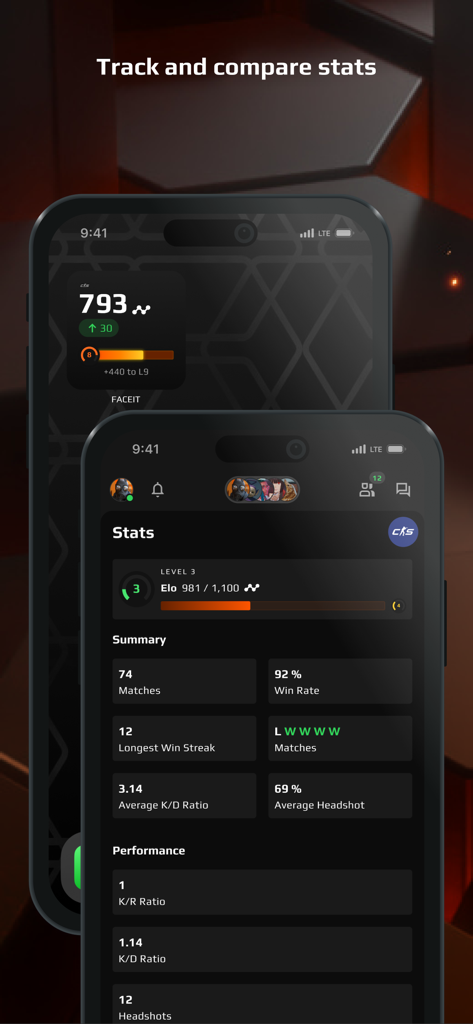 Interface mobile de l'application FACEIT affichant les statistiques des joueurs CS2 et la progression de l'Elo