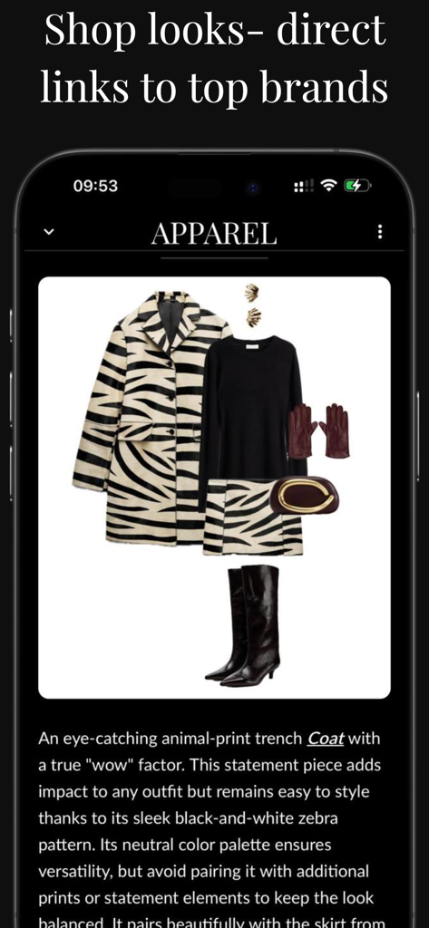 ApparelStyle - ApparelStyle Mobile App-Oberfläche, die ein kuratiertes Outfit mit Zebramuster mit Styling-Tipps und direkten Markenlinks zeigt