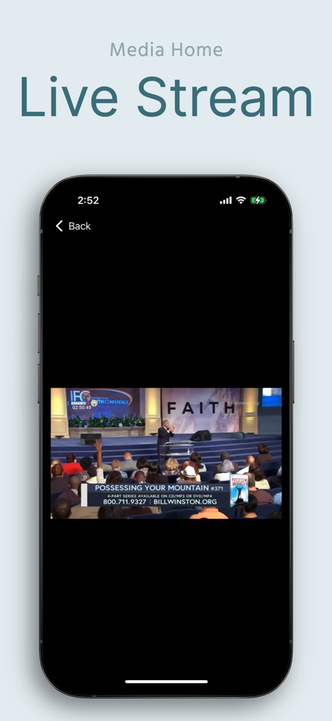 Interface of the Dunamis TV app featuring a live stream of a religious sermon with a preacher on stage