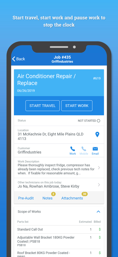 Simpro Mobile - Simpro Mobile interface showing job details and time tracking buttons for field staff