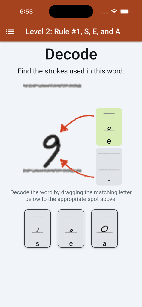 Shorthanded Gregg - An interactive lesson screen in the Shorthanded Gregg app for decoding shorthand strokes into letters.
