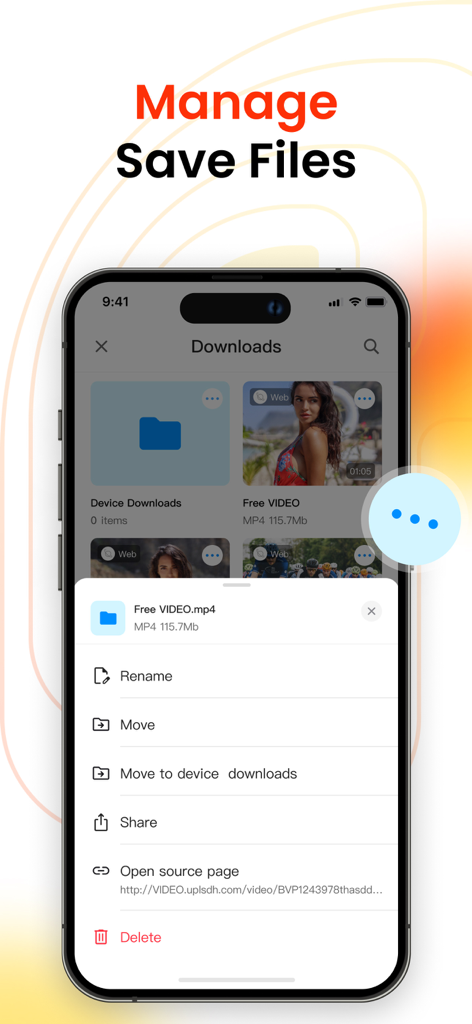 All Video Downloader -RingPlus - Captura de pantalla del iPhone de la aplicación RingPlus que muestra opciones de gestión de archivos como renombrar, mover y compartir vídeos descargados