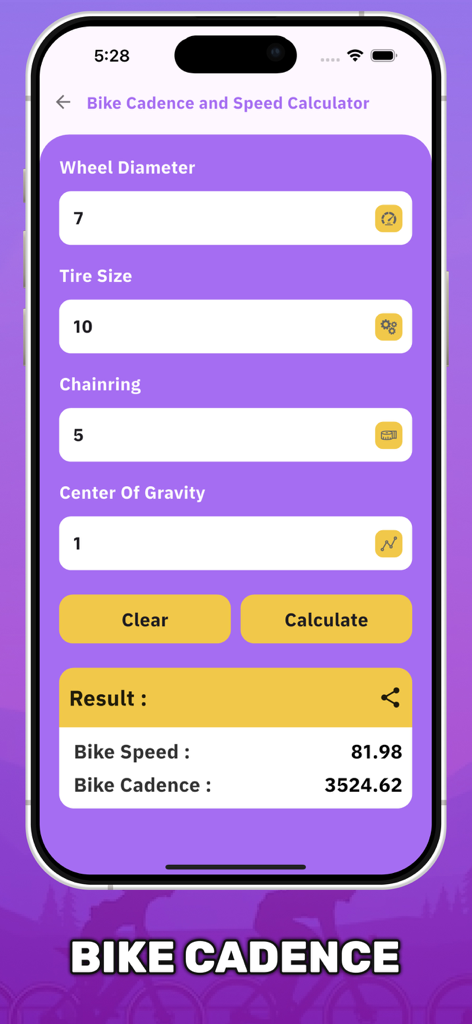 Cycling Calculators for Bike - Mobile app interface showing a bicycle cadence and speed calculator with input fields for wheel diameter and tire size
