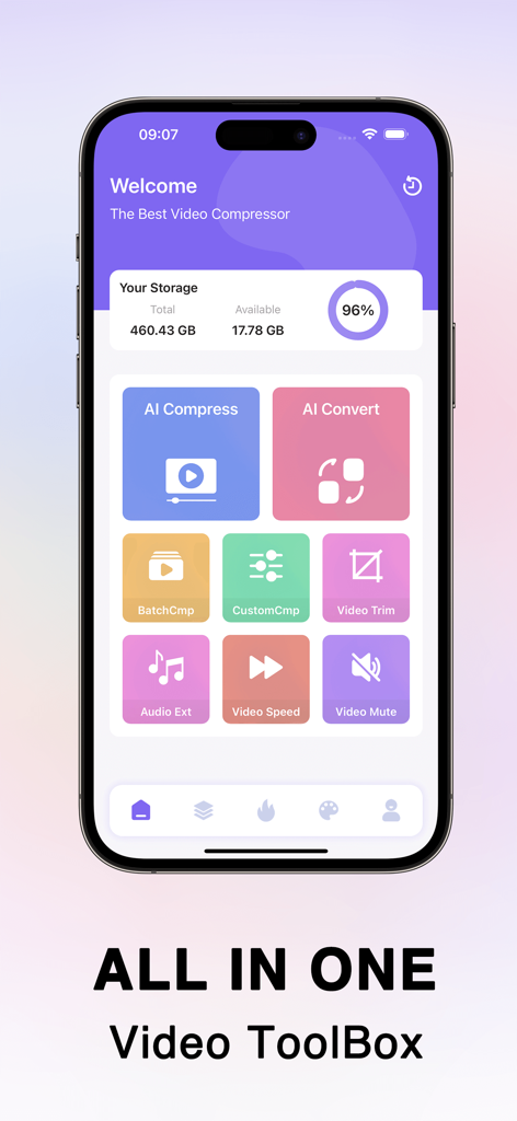 HandBrake - Video Compressor - iPhone画面に、AI圧縮、変換、ストレージ管理のためのツールが表示されているHandBrake動画圧縮アプリのインターフェース