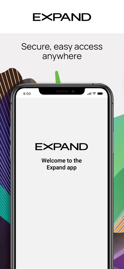 Expand - Smartphone displaying the welcome screen of the Expand finance app with the slogan secure easy access anywhere