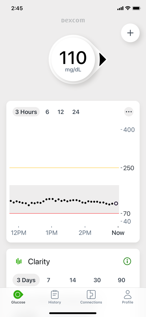 Dexcom G7 - Dashboard dell'app Dexcom G7 che mostra una lettura del glucosio in tempo reale di 110 mg/dL e un grafico di tendenza su tre ore.