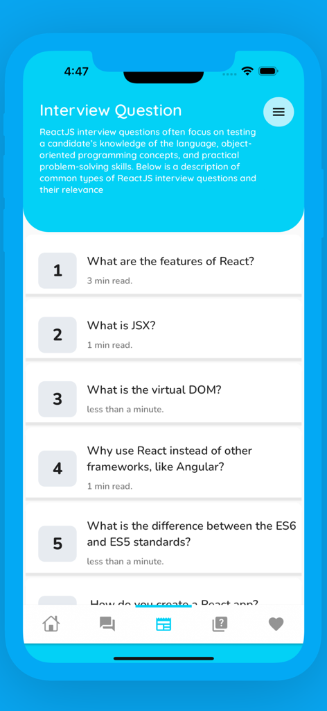 Eine Liste von ReactJS-Interviewfragen, einschließlich Features, JSX und Virtual DOM, auf der Benutzeroberfläche einer mobilen Bildungs-App.