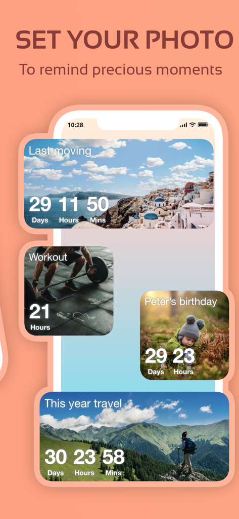 Countdown Widget Maker - Pantalla de iPhone que muestra múltiples widgets de cuenta regresiva personalizados con fotos de fondo personales para cumpleaños y viajes.