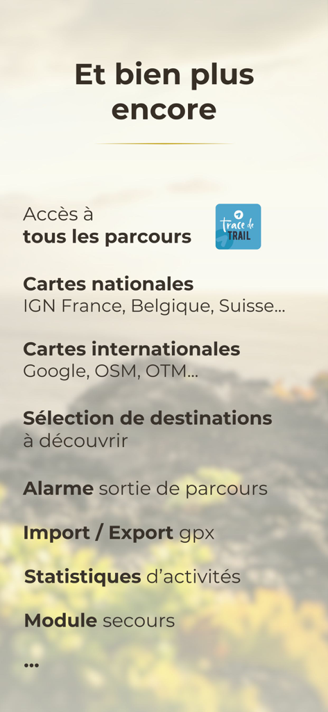Trail Connect - List of Trail Connect features including national and international maps, GPX management, off-route alarm, and activity statistics.