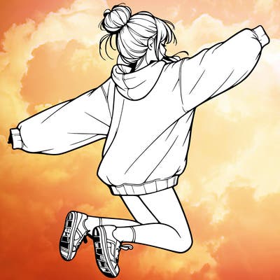 realistic girl jumping with a bun and oversized sweatshirt