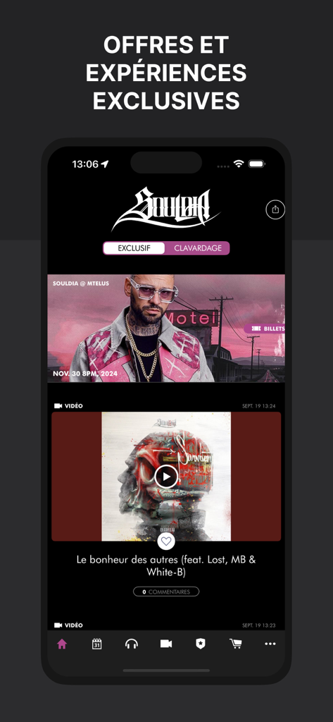 Souldia - Official App - Pantalla de inicio de la app oficial de Souldia con ofertas exclusivas y videos musicales