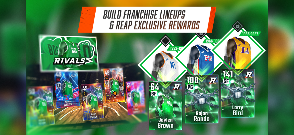 フランチャイズ・バスケットボール Pro GM のゲーム画面。収集可能な選手カードとジャージが表示され、「フランチャイズラインナップを構築し、限定報酬を獲得しよう」という見出しが表示されている。