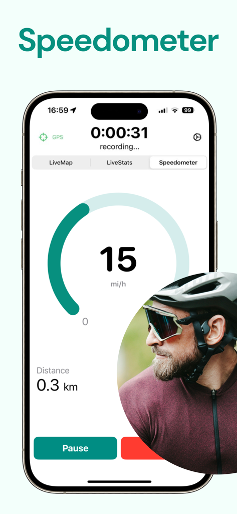 Bike Computer - Cycle Tracker - Interfaz de la aplicación Ciclocomputador que muestra un velocímetro digital en tiempo real y estadísticas de ciclismo en un iPhone