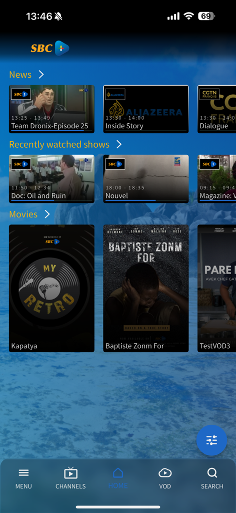 SBC+ - Interface of the SBC plus app displaying local news and Seychellois movies