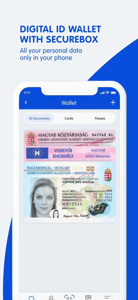 Mobile screen showing the GoodID app wallet interface with a scanned identity card and secure data storage messaging