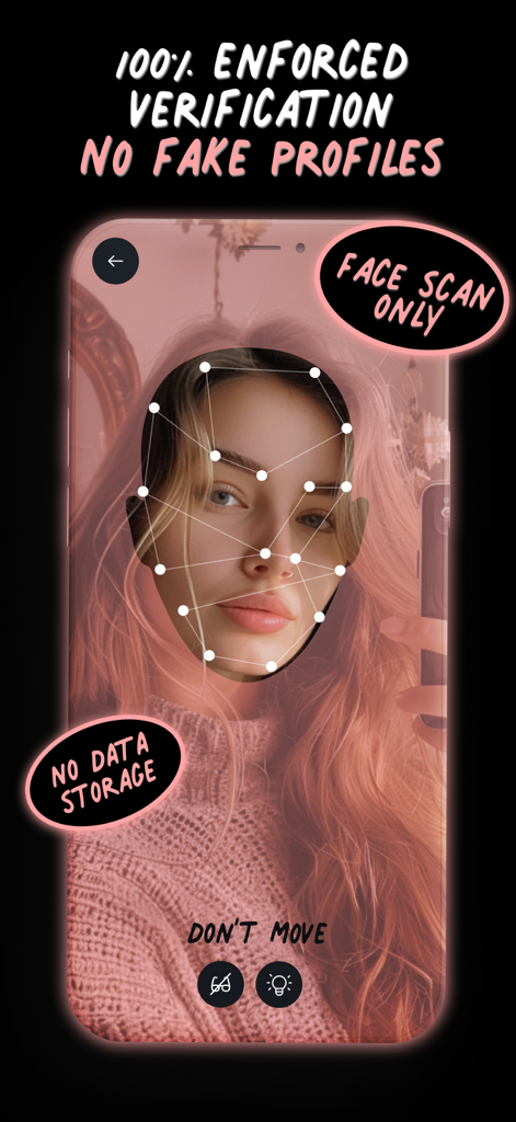 Smartphone screen showing face scan verification for the Hush anonymous chat app