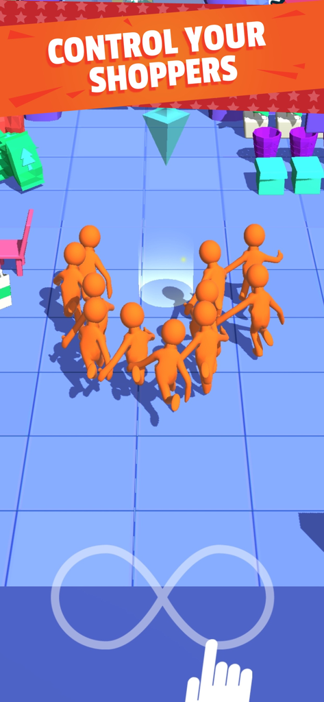 A crowd of orange ragdoll characters being controlled by a touch gesture in the Crazy Shopping mobile game.