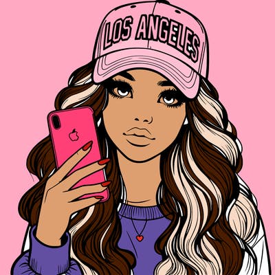 realistic beautiful girl wearing los ángeles cap holding an iphone