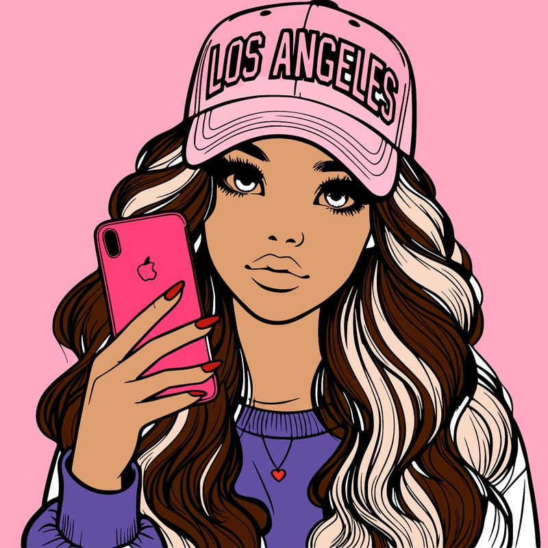realistic beautiful girl wearing los ángeles cap holding an iphone