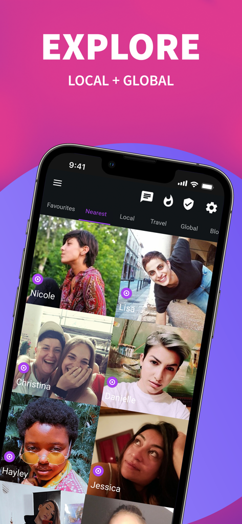 Wapa: Lesbian Dating & Chat - Explore screen of Wapa app showing a grid of lesbian and queer women profiles with local and global search options