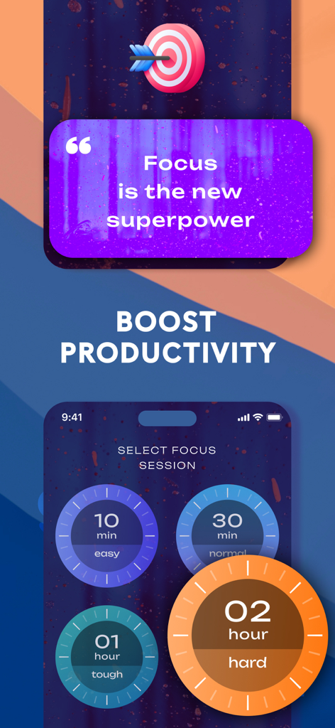 Screen Time Blocker: app Limit - Focus session selection screen with timer options to boost productivity