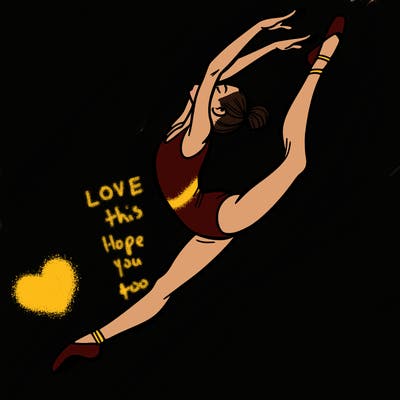 gymnast doing a leap in a leotard with a bent back leg