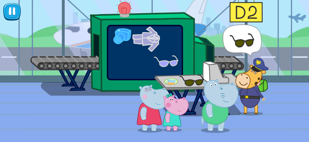 공항 보안 검색대와 엑스레이 스캐너를 통과하는 히포 가족