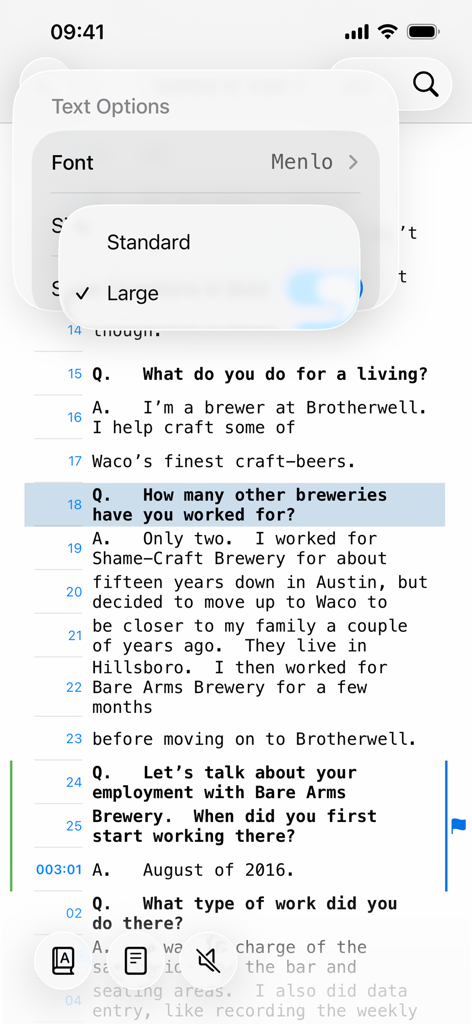 TranscriptPad app on iPhone showing text options to change font and size of a deposition transcript