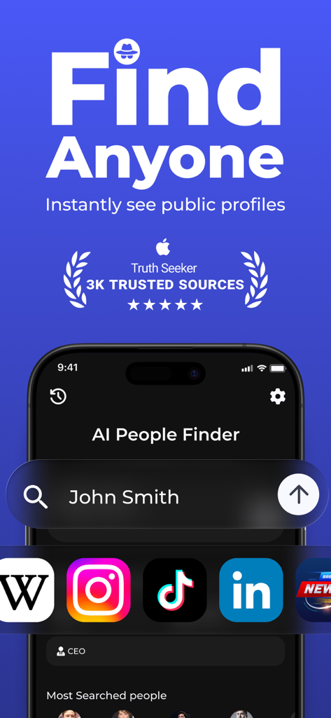 AI People Finder app interface showing a search bar for John Smith and social media platform icons
