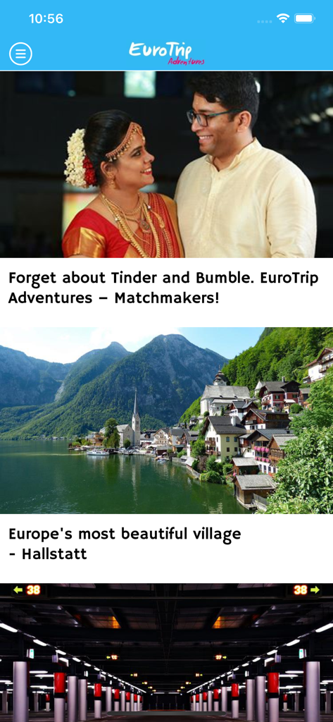 EuroTrip Adventures - EuroTrip Adventures App-Anzeige mit Reisegeschichten und Zielen wie Hallstatt.
