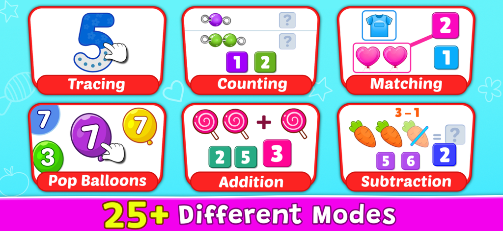 Six different math learning game modes for kids including addition and subtraction