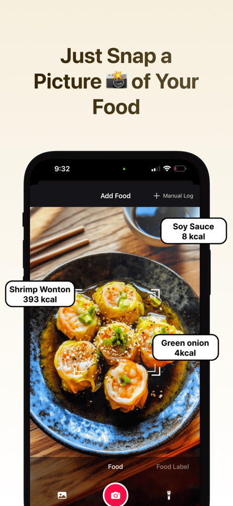 HealthMaxx: AI Calorie Tracker - Interface de câmera com IA do aplicativo HealthMaxx identificando calorias em um prato de wontons de camarão usando reconhecimento de imagem