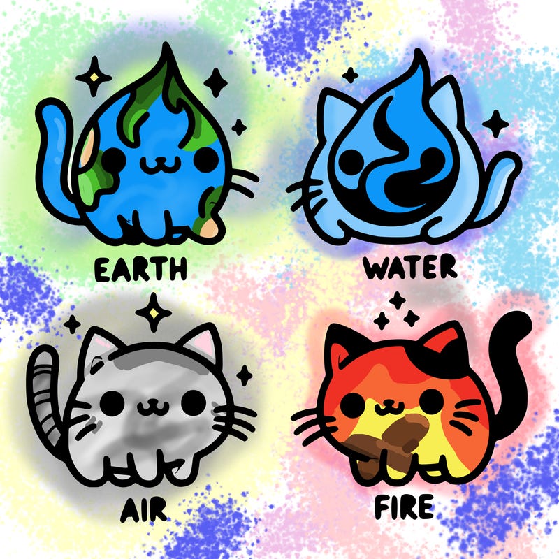 4 cats that represent the different elements, earth, water, air, and fire