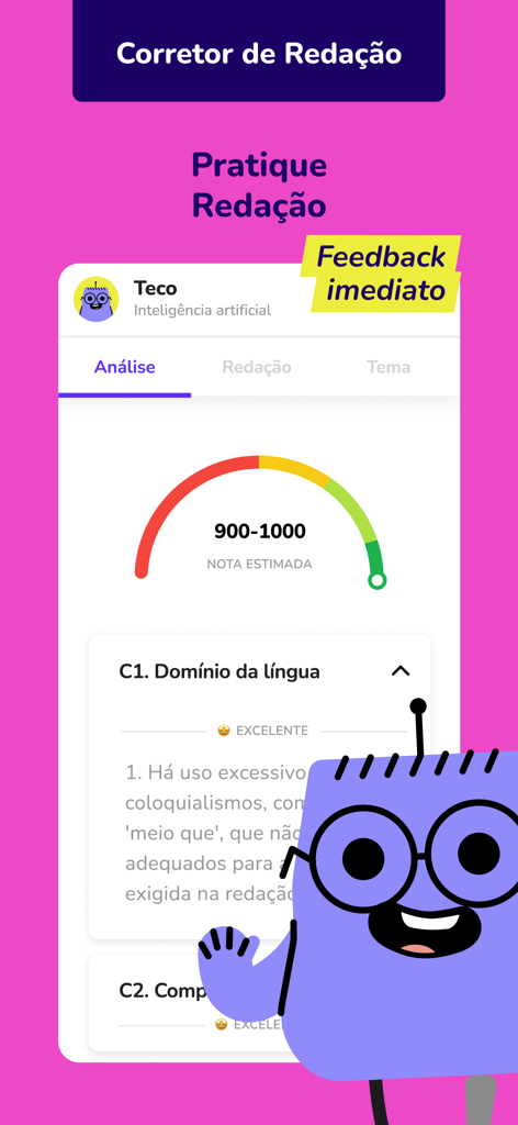 TutorMundi - Tela do aplicativo TutorMundi mostrando o recurso de corretor de redação com uma pontuação estimada e feedback do tutor de IA Teco.