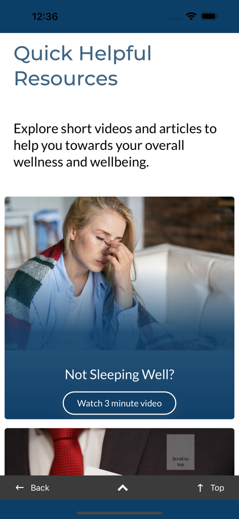 CircleWellness - CircleWellness app interface displaying helpful wellness resources and a video module for sleep issues